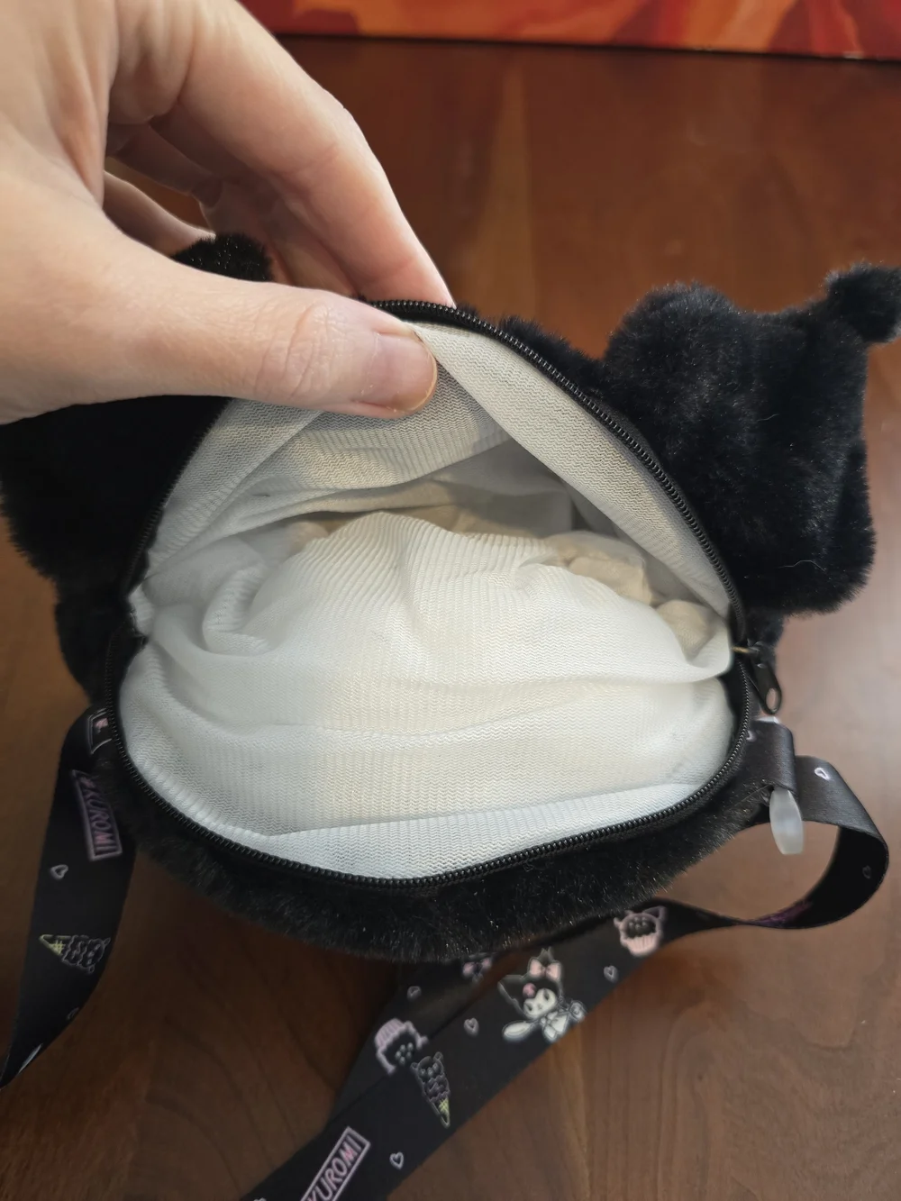 Kuromi Plush Crossbody Bag - Black with Pink Skull, NWOT